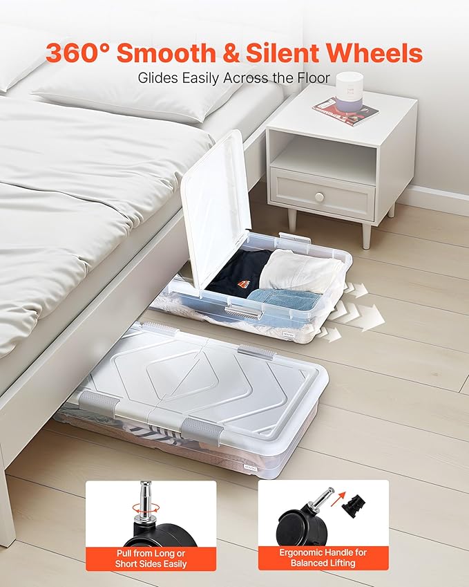 VEVOR Under Bed Storage with Wheels, 31.7 x 15.6 x 6.9 inch Underbed Containers, Underbed Shoes Organizer with Lid & Gray Latch, Rolling Under the Bed Storage Bins for Clothes Shoes Blankets, 4 Pack