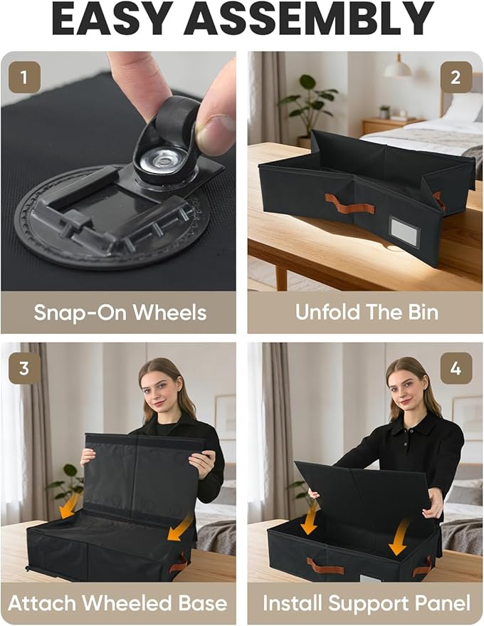 TOSKING 2-Pack Under Bed Storage Drawers with Wheels, 6 Vacuum Bags, Adjustable Height 7.9-10.2", 63L/80 lbs Clear Lid Rolling Bin, 900D Oxford, Space Saver for Dorm Bedroom Clothes Shoes, Black