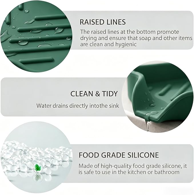 MicoYang Silicone Soap Dish with Drain Spout — Self-Draining Sink Organizer Tray for Bathroom & Kitchen, Holds Bar Soap, Sponges & Dispensers, Non-Slip & Dishwasher Safe, Green (Small, 4.9"×3.2")