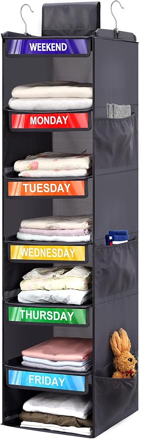 6-Shelf Weekly Clothes Organizer for Kids, Hanging Daily Closet Organization with 6 Side Pockets, Days of The Week Clothing Divider Storage for Boys and Girls (Grey)