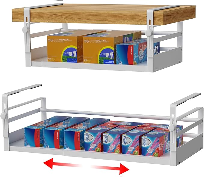 AmonHouseware 2Pack Under Shelf Basket Organizer, Adjustable Under Cabinet Shelf Storage, Hanging Holder Length Stretchable 13-21Inch for Kitchen Pantry Desk Counter Bookshelf Cupboard (White)