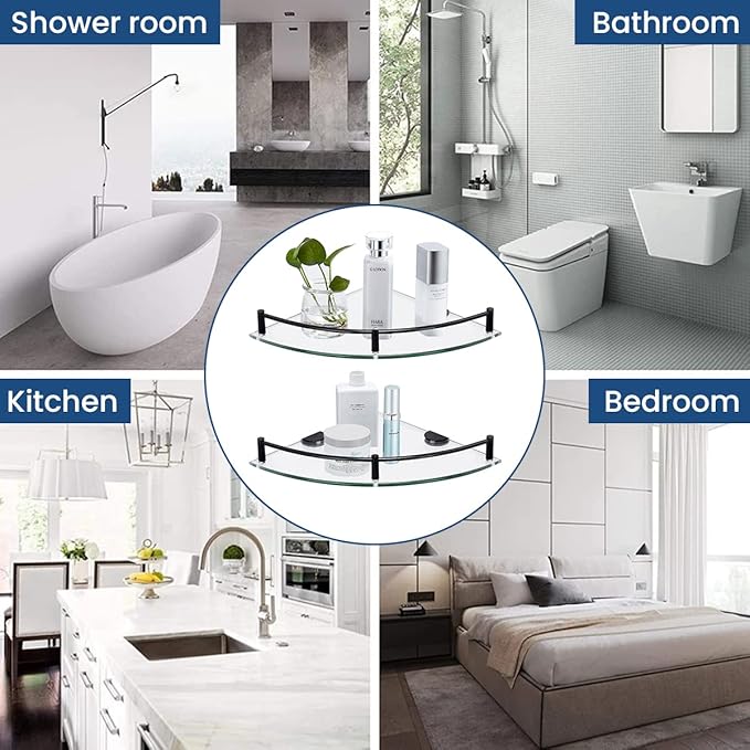 Glass Shelf Bathroom Floating Shower Corner Shelves Shampoo Holder with Rail