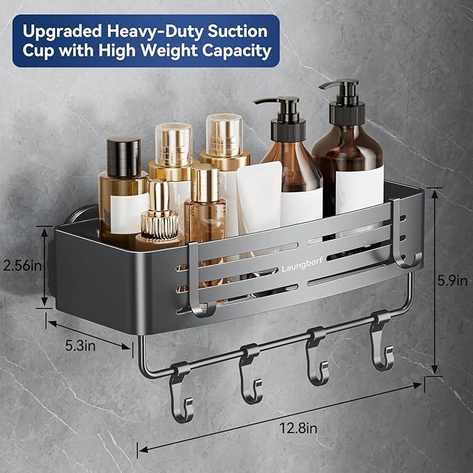 Rectangle Shower Caddy Suction Cup – Rustproof Aluminum Shelf with Towel Bar & Hooks, Laungborf No-Drill Removable Wall Storage for Bathroom (Matte Gray, 3 Pack)