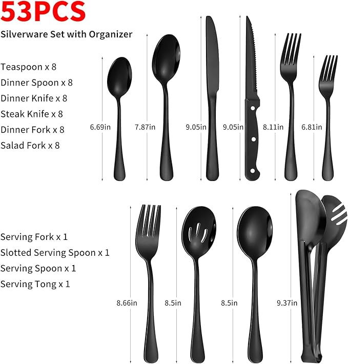 53PCS Black Silverware Set for 8 with Flatware Drawer Organizer, Stainless Steel Cutlery Set with Steak Knives, Include Spoons and Forks Set & Serving Utensils, Mirror Polished, Dishwasher Safe