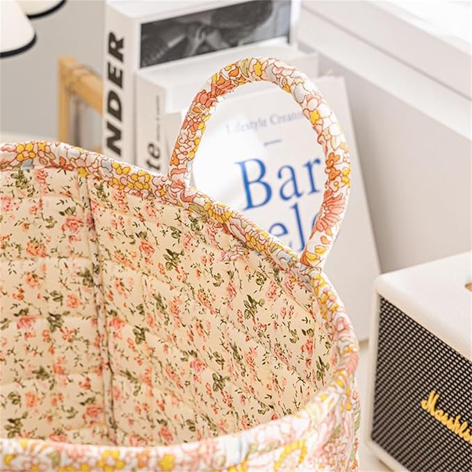 Fabric Baskets for Storage, Quilted Boho Floral Basket with Handles, White