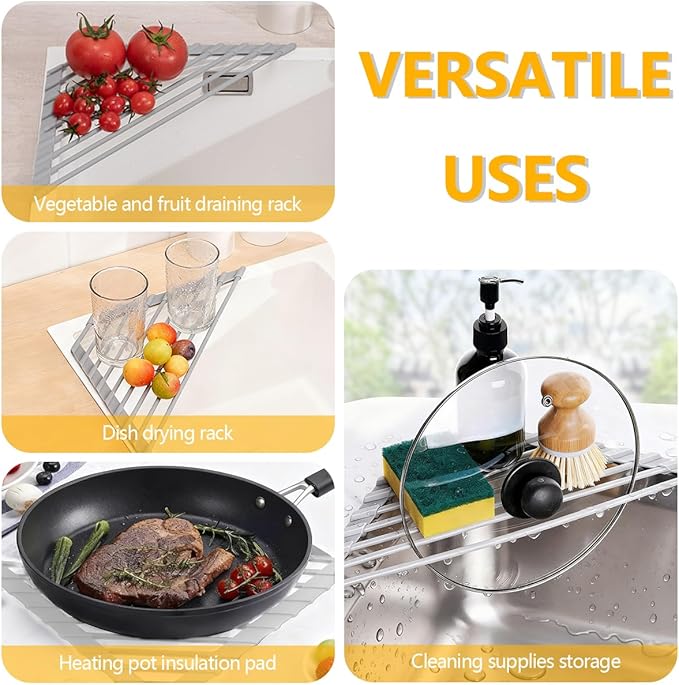 Credon Triangle Roll Up Dish Drying Rack, Foldable Anti-Slip Kitchen Sink Drainer Organizer, Silicone Coated Stainless Steel Frame, Multipurpose Over Sink Corner Caddy for Space Saving (Grey)