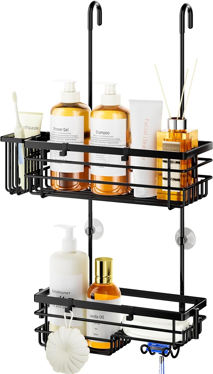 HapiRm Hanging Shower Caddy Organizer - No Drilling Shower Shelves with Hooks and Toothbrush Holder, Rustproof 304 Stainless Steel Bathroom Organizer - Black