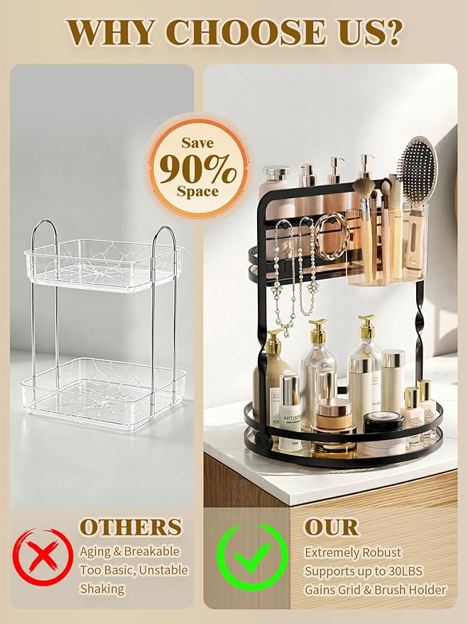 360 Rotating Makeup Organizer, 2-Tier Black Perfume Organizer for Dresser, Bathroom Counter Organizer, Lazy Susan Vanity Tray Spinning Skincare Storage with Jewelry Hooks & Makeup Brush Holder