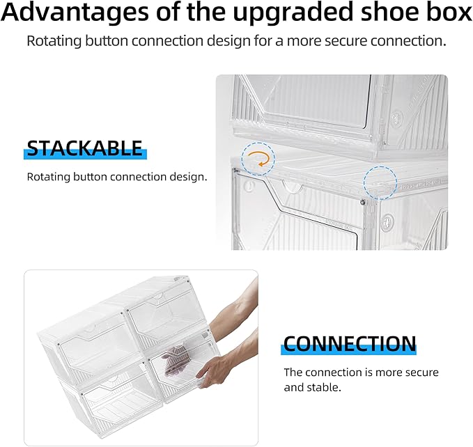 XX-Large Shoe Sneaker Storage Boxes for Size 14,Easy-to-Install Shoe Boxes, Thick and Stable, Stackable Shoe Boxes, Closet Organization (Clear White, XXL-10-pcs)