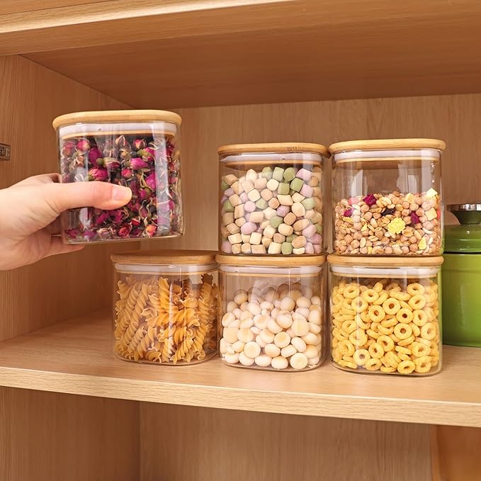 Moretoes 6 Pack 0.6qt Square Glass Storage Containers with Bamboo Lids, Airtight Food Storage Jars for Pantry, Spices, Dry Goods