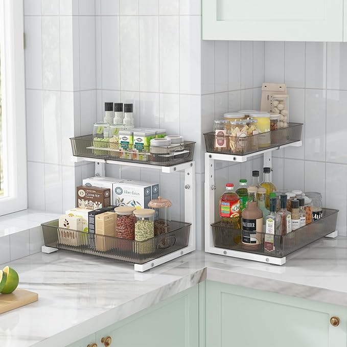 Under Sink Organizer 2 Packs, Pull Out Kitchen Sink Organizer, Grey & White