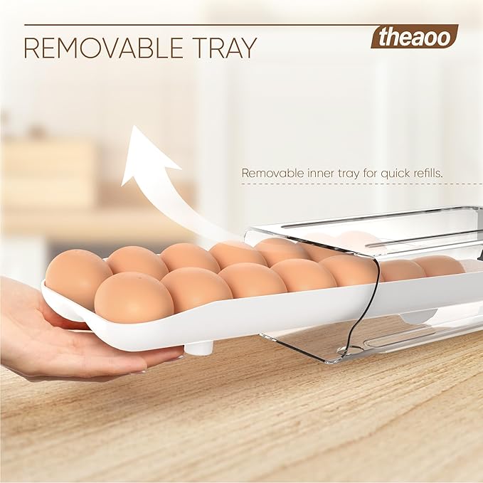 theaoo Egg Holder for Fridge, Automatic Rolling Egg Container for Refrigerator, Clear Plastic Egg Dispenser, Stackable Eggs Organizer with Quick Removable inner Tray For Organizers and Storage, 1 Pack