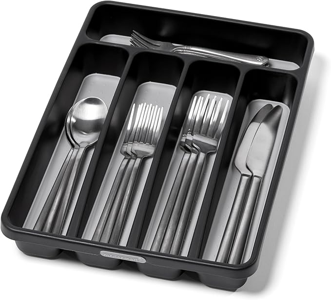 madesmart Small Silverware Tray, 5 Compartment Flatware Organizer for Forks, Knives & Spoons, Non Slip, Soft Grip Lining, Fits Small Drawers, Granite