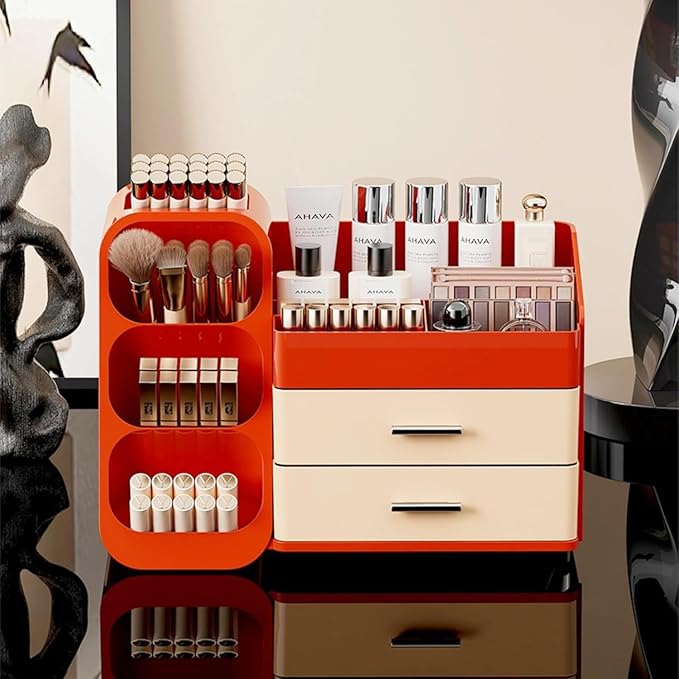 Makeup Organizer with Drawers, Red and Cream