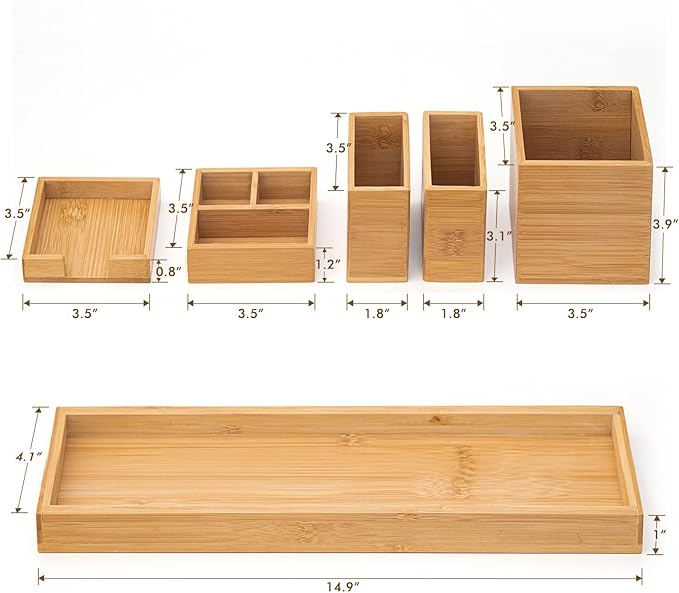 Bamboo Vanity Tray, 6-Piece Bathroom Countertop Vanity Tray Set