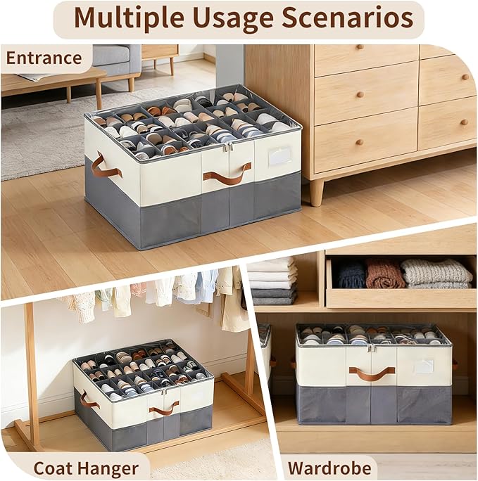 【Upgraded Larger Capacity】Shoe Organizer for Closet Fits 12-24 Pairs with Adjustable Dividers, Large Foldable Shoe Storage Box Bin with Clear Lid & 4 Handles, Plus 2 Mesh Pockets and Category Label