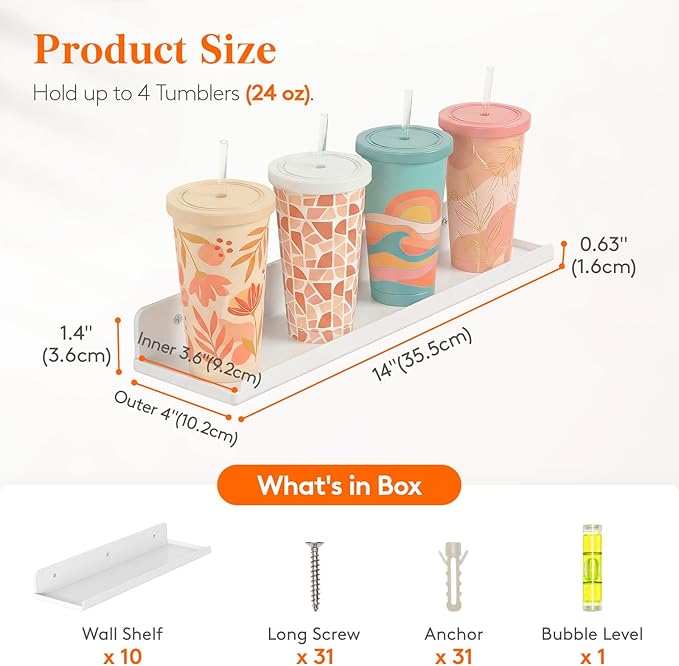 Lifewit Floating Shelves for Wall, Acrylic Display Shelf Wall Mounted for Figure, Car, Art, Book, 14" Perfume Organizer for Bathroom, Bedroom, Living Room, Nursery, Home Decor, White, 10 Pack