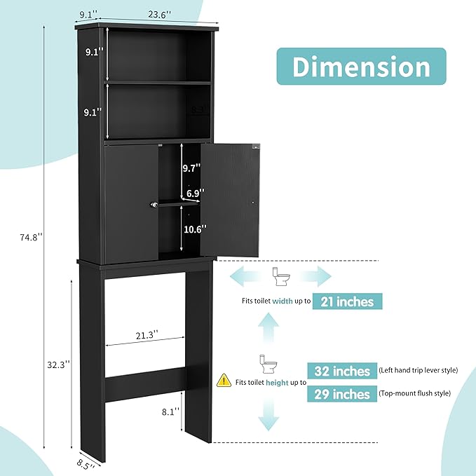Shintenchi Over The Toilet Storage Cabinet, Bathroom Above The Toilet Rack, Bathroom Adjustable Shelf Organizer with Open Bottom Bar and Anti-Tip Device, Black
