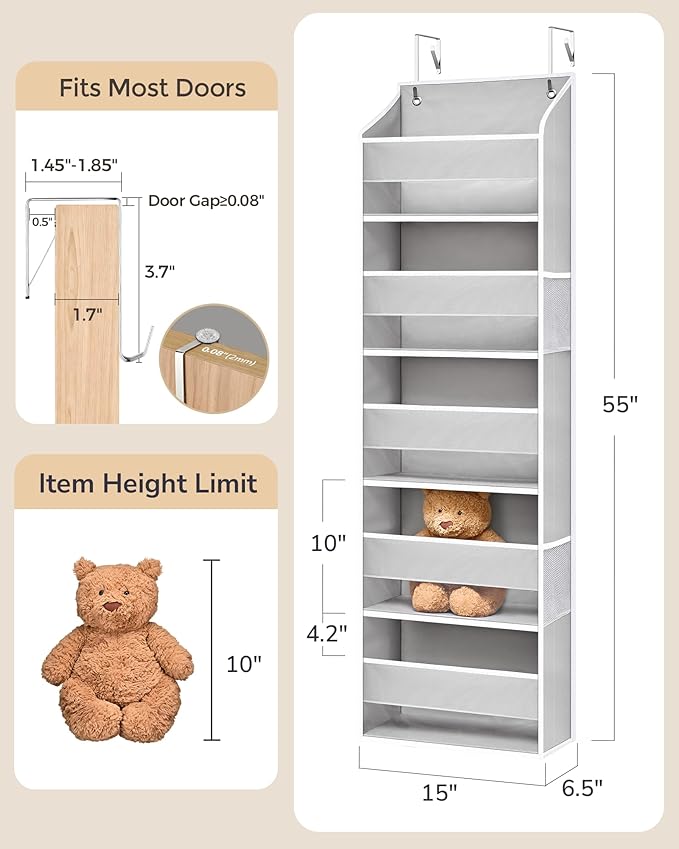 ULG 2-Pack Over-The-Door Organizer 5 Tiers, – Hanging Storage Organizer with 4 Mesh Side Pockets,Space Saving Closet Door Organizer for Clothes, Shoes, Toys, Accessories Light Gray