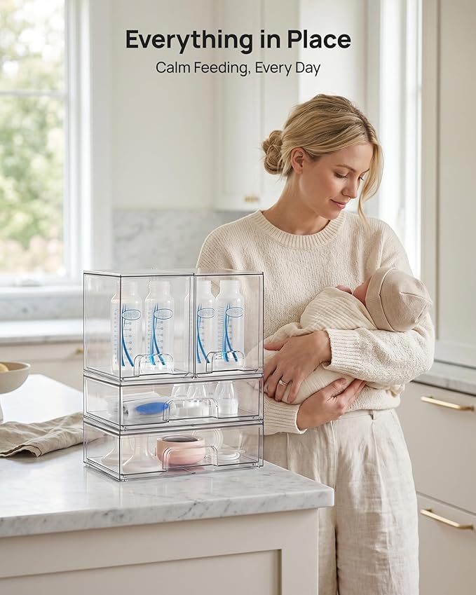 Clear Stackable Storage Drawers Set of 4, Plastic Organizer Bins for Makeup