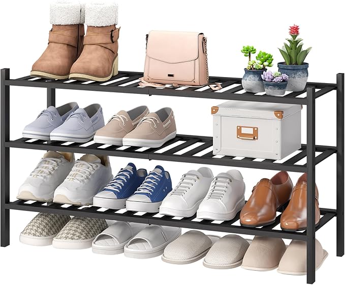 3-Tier Long Black Shoe Rack, Bamboo Wood Shoe Rack for Closet