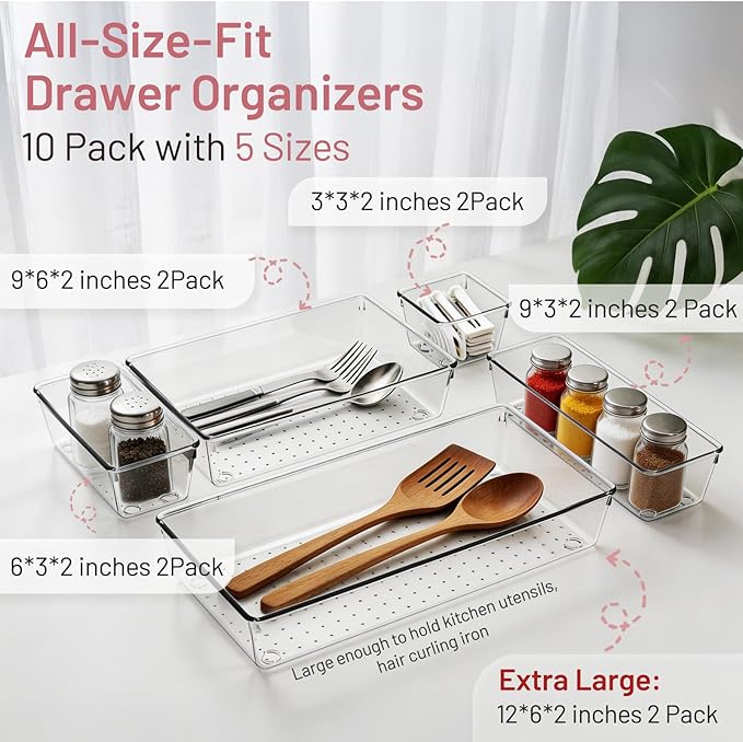 Drawer Organizer, 10 Pack Large Clear Plastic Organizer Bins 5 Sizes