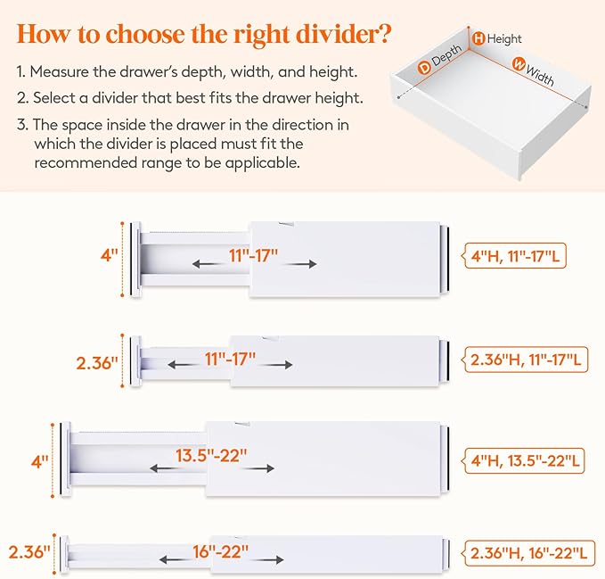 5 Pack 4" High Drawer Dividers 34-56cm/13.5-22" Adjustable Drawer Organizer