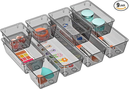 9 Pack Clear Drawer Organizer Set, Acrylic Drawer Storage Trays, Black