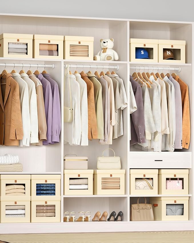 Homsorout Storage Bins with Lid – Closet Organizer with Side Opening and Clear Window, Foldable Stackable Fabric Basket for Clothes, Home, Office - 13.77" x 11.8" x 9.8", 4 Pack, Beige