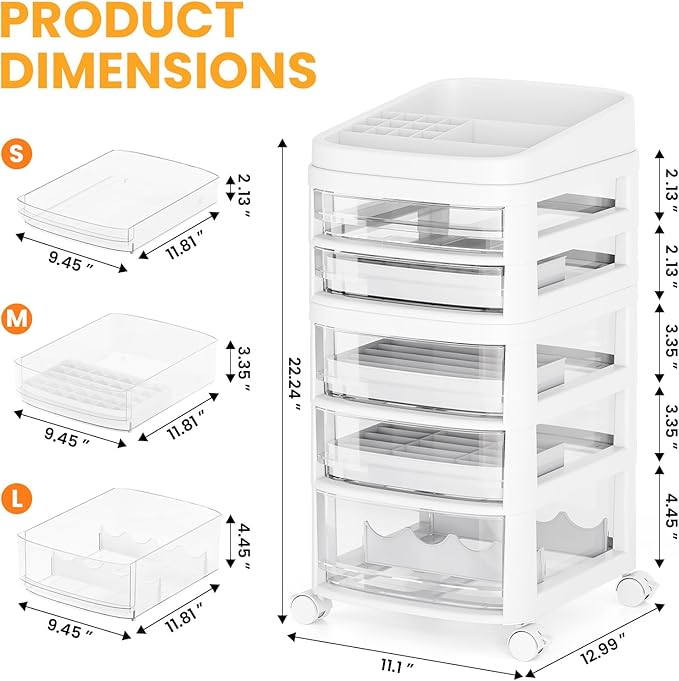 Rolling Cart with 5 Drawers, Clear Plastic Drawer Organizers