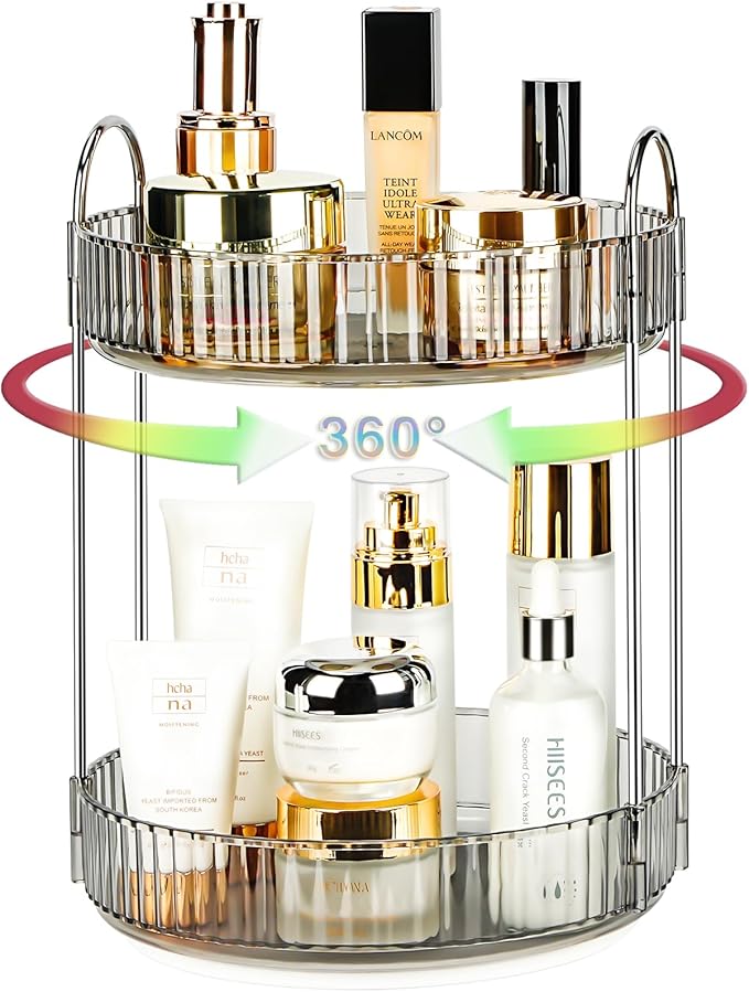 360 Rotating Makeup Organizer, 2 Tier Lazy Susan Bathroom Counter Organizer, Skincare Organizers, Spinning Perfume Organizer & Vanity Organizer Countertop (Classic Grey, 2 Tier)