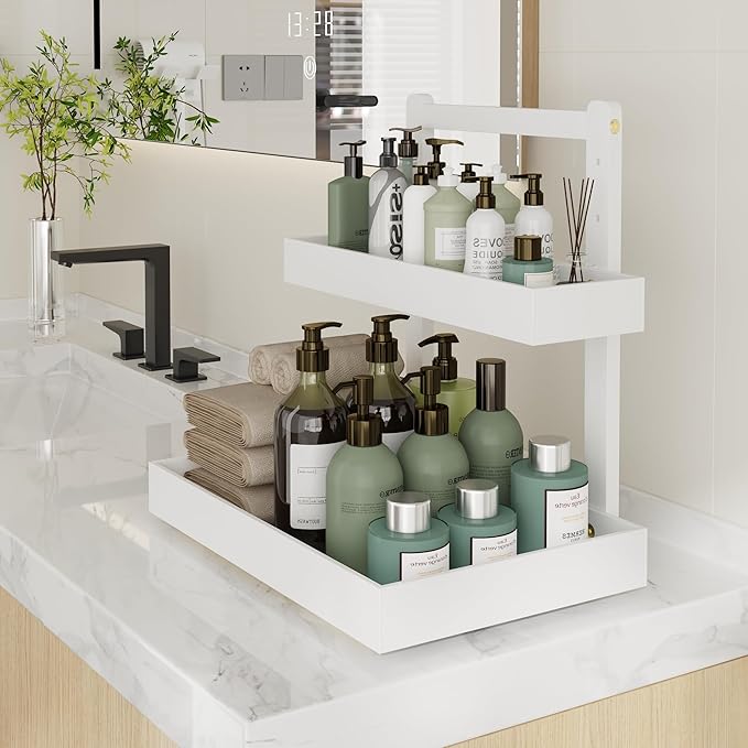 Bamboo Under Sink Storage 2 Tier Pull Out Cabinet Organizer Slide Out Under Sink Storage Shelf Undersink Organizers Shelves for Kitchen Bathroom Organization (White, 2 Packs)