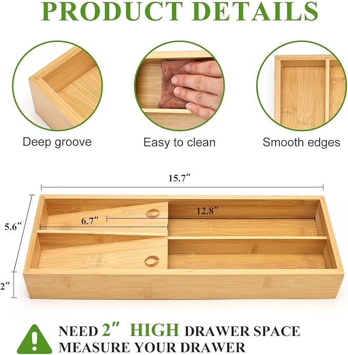 Small Bamboo Silverware Organizer for Drawer Utensil Tray Wood Cutlery Organizer