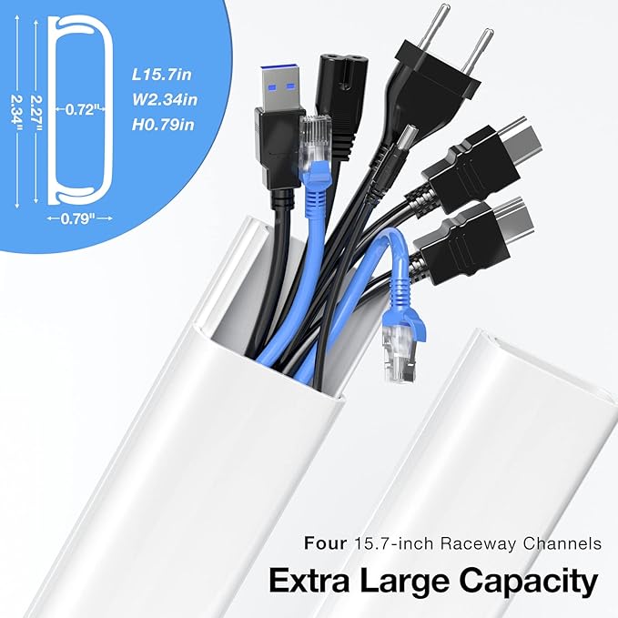 Delamu Cord Hider, 62.8in Cord Covers for 6-8 Wires on Wall, Cable Hider Cable Management, Wire Hiders for TV on Wall, Wire Covers for Cords, Cable Cover Wall, 4X L15.7 W2.36 H0.75in, White