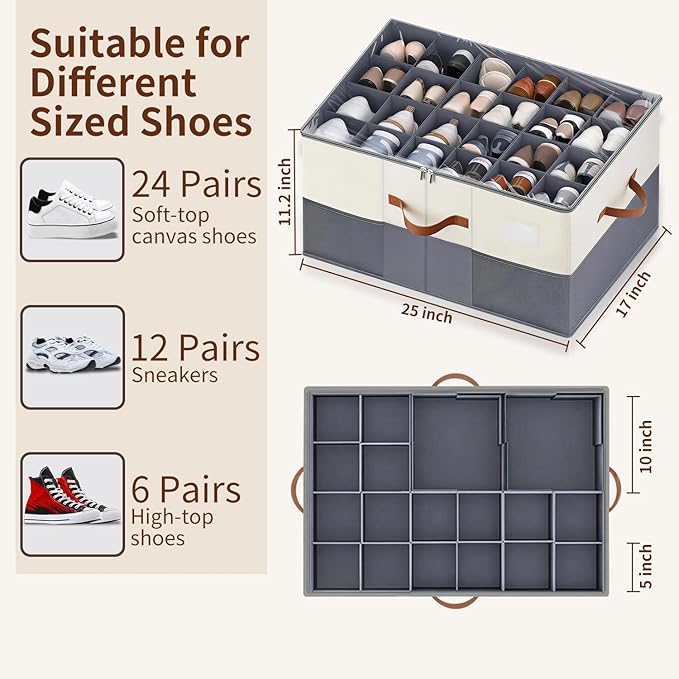 【Upgraded Larger Capacity】Shoe Organizer for Closet Fits 12-24 Pairs with Adjustable Dividers, Large Foldable Shoe Storage Box Bin with Clear Lid & 4 Handles, Plus 2 Mesh Pockets and Category Label