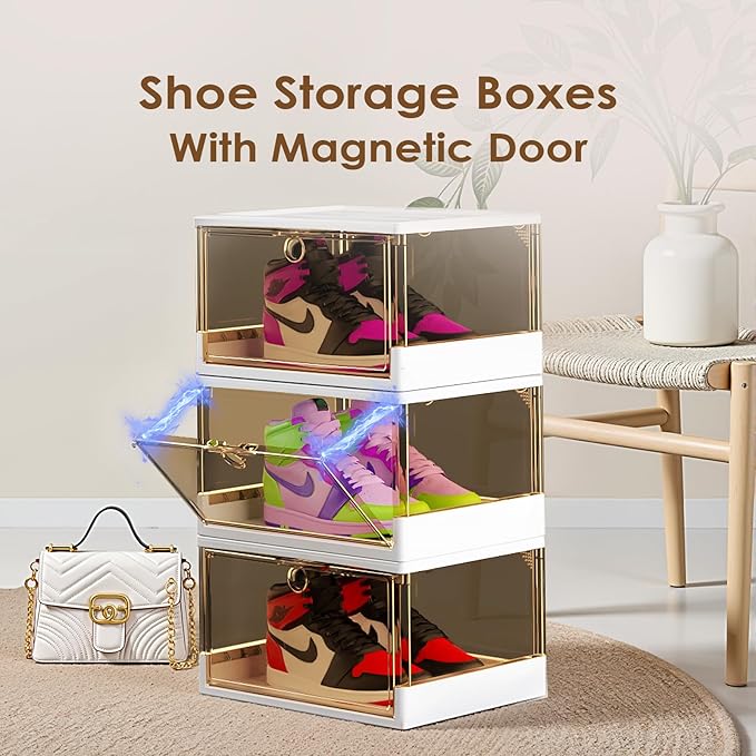 Clear Stackable Shoe Boxes with Magnetic Door, 3 Pack Thick Plastic Shoe Organizer for Closet, Dustproof Storage, Fits up to US Size 13