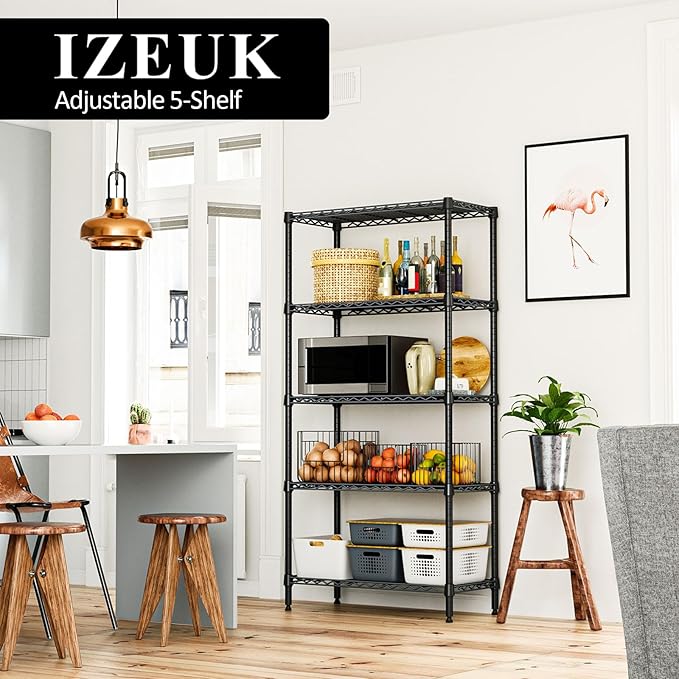 IZEUK 5-Tier Heavy Duty Metal Storage Shelves, 15.7" D x 33.5" W x 68.5" H, 1250 lbs, Black, Adjustable Wire Shelving Unit,Storage Rack for Kitchen, Garage and Closet Organizer