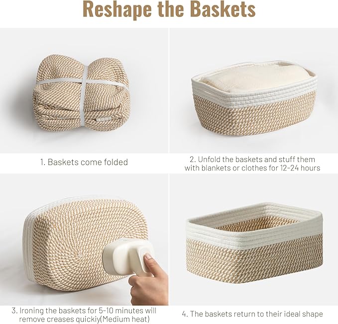 5 Pack Small Woven Storage Baskets for Shelves, Cotton Rope Baskets Organizer for Bathroom, Closet & Nursery, Decorative Storage Bins for Organizing Socks, Toys, 11.8"x7.9"x4.7", Khaki/White