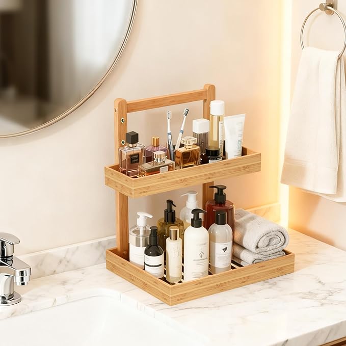Bamboo Undersink Organizer Storage - 2-Tier Cabinet Shelf with Adjustable Levels, Under Sink Storage Slide Out for Cabinet Pantry Kitchen Bathroom (Natural, 2 Packs)
