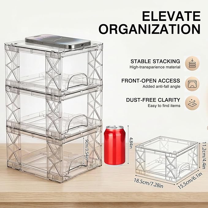 OUTUXED Under Bathroom Sink Organizer Stackable Storage Drawers 4.4in Small Acrylic Medicine Cabinet Bins, Simply Assembled Box Containers for Cosmetics, Bathroom, Kitchen, Snack(4 Pack)