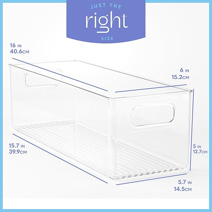 primebox Plastic Food Storage 1 Pack Clear Container Bin with Handles for Organizing Kitchen, Pantry, Refrigerator, Freezer, Pantry, Cabinet, Closet, Bathroom. 16”x6”x5”