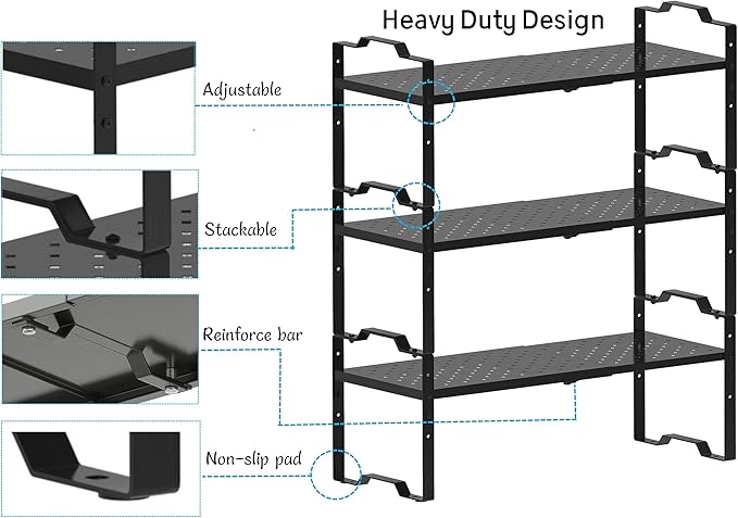Jojocross Expandable Shelf for Cabinet Organizer Adjustable Stackable Spice Rack at Kitchen and Bathroom More, Counter Countertop Cupboard Organization Pantry Storage(3 Packs/Black, Medium)