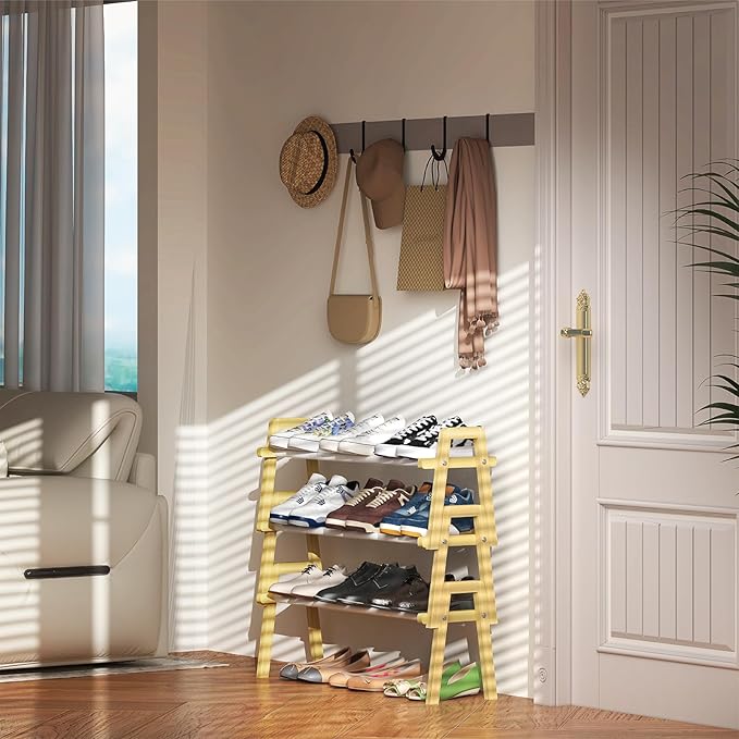 3-Tier Bamboo Shoe Rack Stackable, Shoe Organizer for Entryway and Closet, Modular Small Shoe Storage Shelf, Space-Saving Free Standing, Holds 12-16 Pairs of Shoes, Natural Color