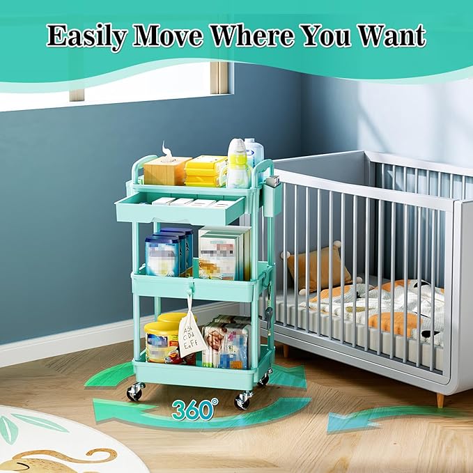 3-Tier Rolling Cart with Drawer & Lockable Wheels, Blue