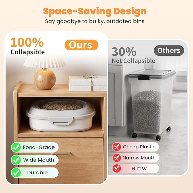 30 Lbs Dog Food Storage Container with Wheels, Collapsible Pet Food Storage Container with Clear Window, Measuring Cup & Scoop, BPA Free Cat Food Container for Rice, Flour, Grain, Bird Seed