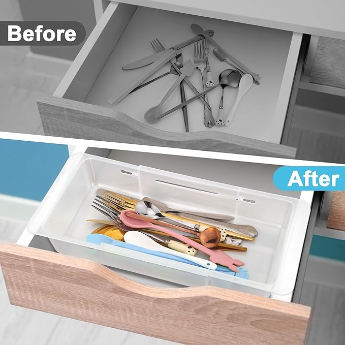2 PCS Deep Drawer Organizer Bin Adjustable Sliding Drawer Organizers Clear