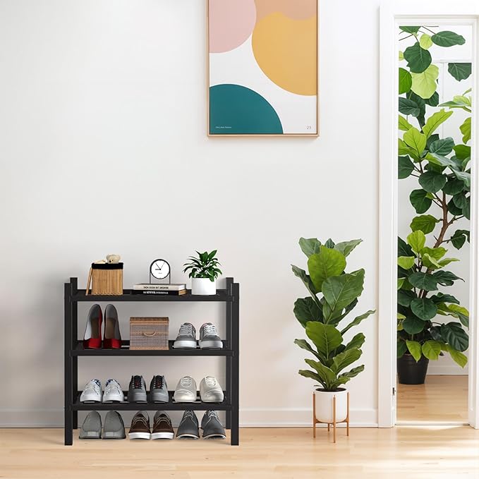 Haddockway Small 3 Tier Bamboo Shoe Rack Storage Organizer, Multifunctional Free Standing Stackable Shoe Shelf with Grid Panel for Closet,Hallway,Entryway,Small Space 18"x11"x17"