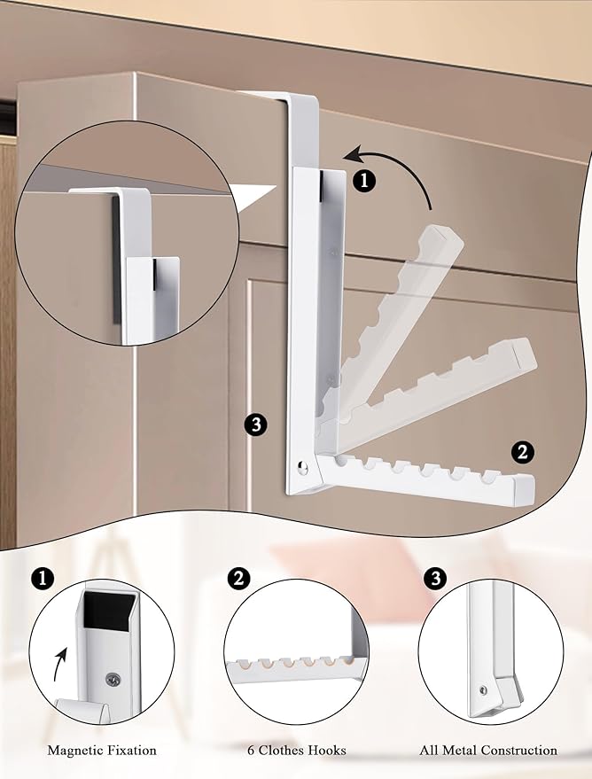 2-Packs Over the Door Hanger Hooks with Extra Anti-slip Pads, Metal Folding Clothes Drying Racks for Laundry, Dorm, Portable Space Saving Coat Towels Organizer Rack for Travel, Hanging Storage