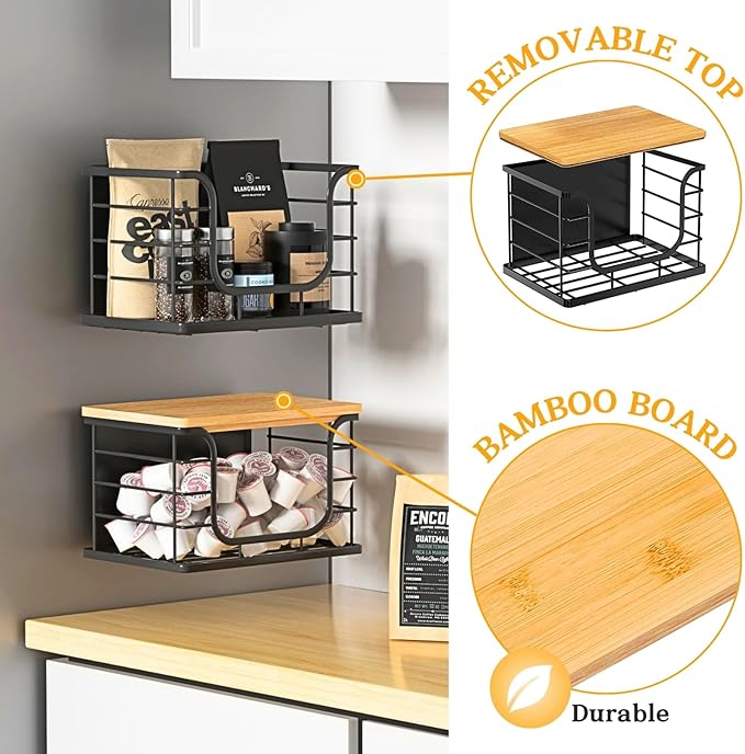 Magnetic Shelf for Fridge Trash Bag Organizer, 2 Pack Stackable Garbage Bag Holder with Bamboo Lid, Magnetic Storage Bin for Refrigerator, Under Sink, Kitchen, Pantry, Small Space Organization – Black