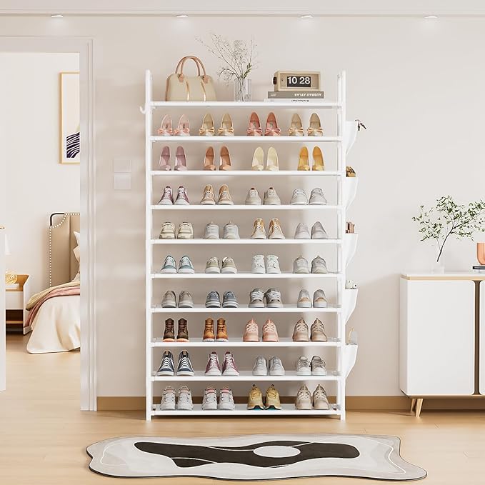 LUKYTOWER Tall Shoe Rack 10 Tier Shoe Racks Organizer for Closet 40-45Pairs,Large Capacity Storage Rack for Shoes with 5Hooks,Sturdy Shoe Shelf, Vertical Shoe Stand Tower